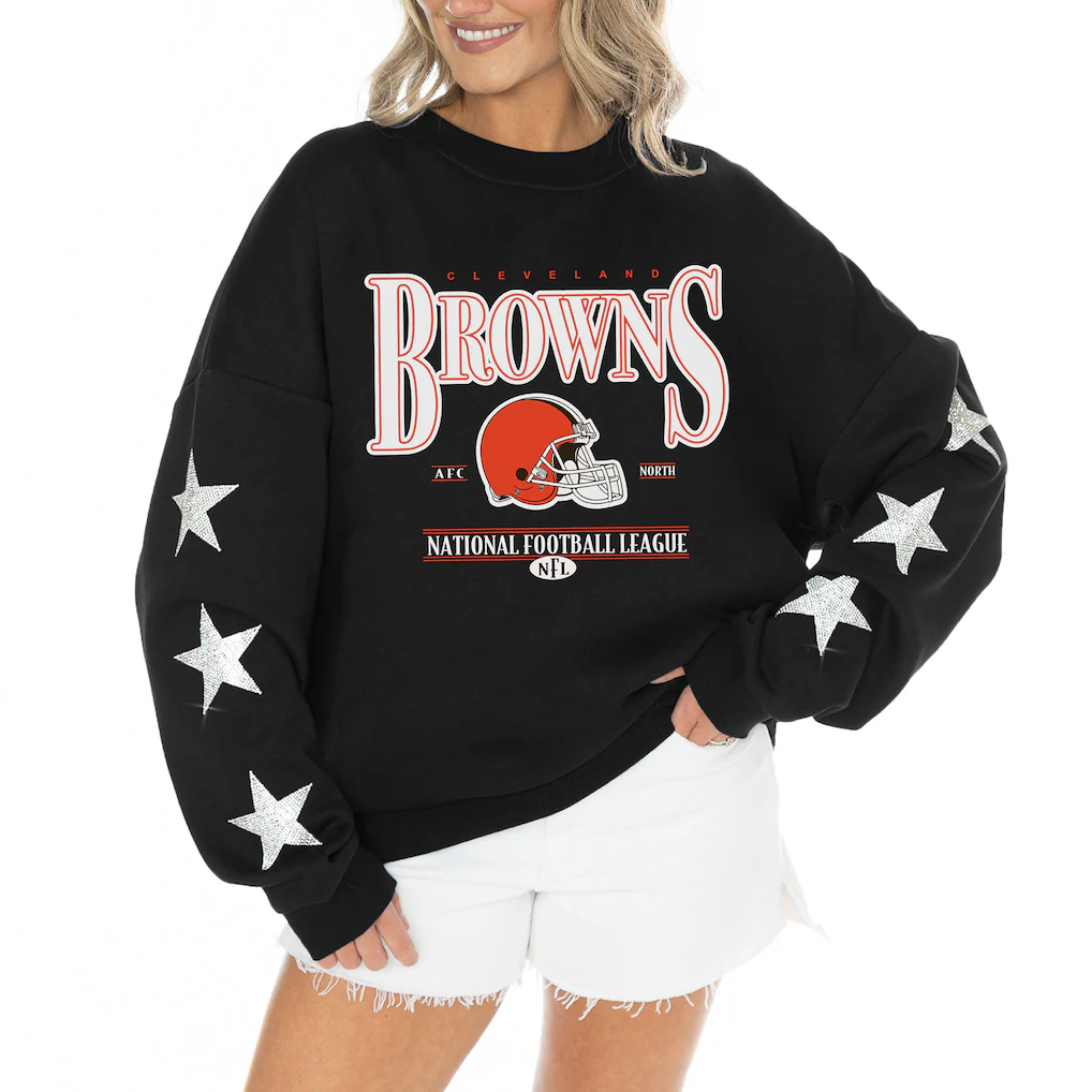 Women's Cleveland Browns Gameday Couture Black Rhinestone Star Sleeve Settle the Score Oversized Tri-Blend Pullover(Run Small)